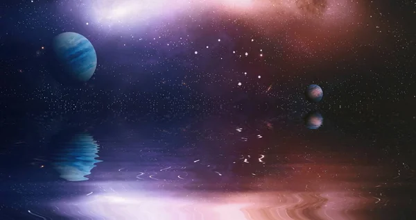 Hermoso Planeta Espacial Inusual Espacio Reflejado Agua Galaxia Estrellas Cielo — Foto de Stock