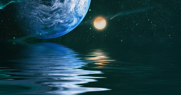 Beautiful unusual space planet in space reflected in water, galaxy stars night sky ,Elements of this Image Furnished by NASA ,
