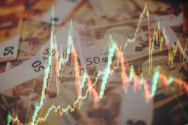 Teknik fiyat grafiği ve göstergesi, mavi ekranda kırmızı ve yeşil şamdan grafiği, piyasa dalgalanması, yükseliş ve düşüş eğilimi. Hisse senedi ticareti, kripto para birimi geçmişi.