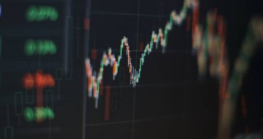 Teknik fiyat grafiği ve göstergesi, mavi ekranda kırmızı ve yeşil şamdan grafiği, piyasa dalgalanması, yükseliş ve düşüş eğilimi. Hisse senedi ticareti, kripto para birimi geçmişi.