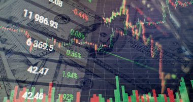 Teknik fiyat grafiği ve göstergesi, mavi ekranda kırmızı ve yeşil şamdan grafiği, piyasa dalgalanması, yükseliş ve düşüş eğilimi. Hisse senedi ticareti, kripto para birimi geçmişi.
