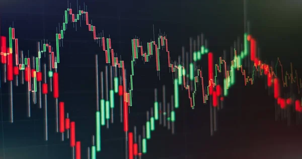 Technical price graph and indicator, red and green candlestick chart on blue theme screen, market volatility, up and down trend. Stock trading, crypto currency background.