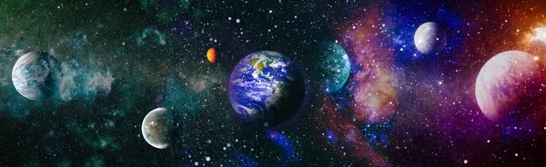 Earth from space. Earth globe with stars and nebula background. Earth, Galaxy and Sun from space. Blue Sunrise.Elements of this image furnished by NASA.