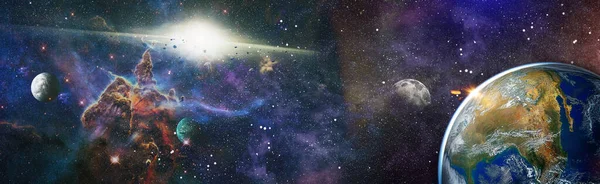 来自太空的地球有恒星和星云背景的地球 来自太空的地球 银河和太阳 蓝色太阳 这个图像的元素是由Nasa提供的 — 图库照片