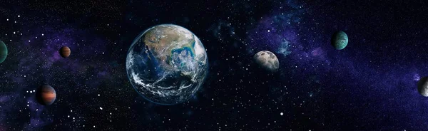 Earth and Moon from space. World Globe from Space. Blue Sunrise View From Space. Showing Night Sky With Stars and Nebula. Elements of this image furnished by NASA.