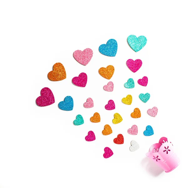 Lot Love Hearts Valentine Day Falling Out Bucket Flat Lay — Stock Photo, Image
