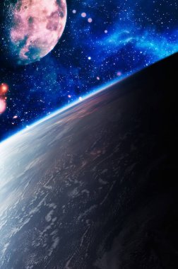 Kaotik uzay arka planı. Uzay keşiflerinin güzelliğini gösteren gezegenler, yıldızlar ve galaksiler. Bu görüntünün elementleri NASA tarafından sağlanmıştır..