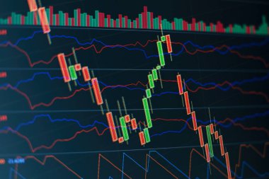 Teknik fiyat grafiği ve göstergesi, mavi ekranda kırmızı ve yeşil şamdan grafiği, piyasa dalgalanması, yükseliş ve düşüş eğilimi. Hisse senedi ticareti, kripto para birimi geçmişi.