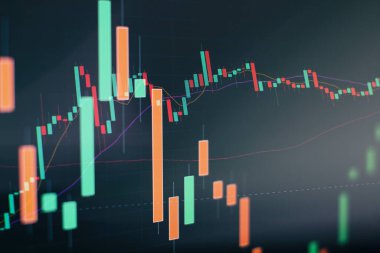 Teknik fiyat grafiği ve göstergesi, mavi ekranda kırmızı ve yeşil şamdan grafiği, piyasa dalgalanması, yükseliş ve düşüş eğilimi. Hisse senedi ticareti, kripto para birimi geçmişi.