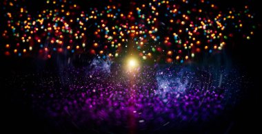 Soyut, parıldayan noel arkaplanı, yanıp sönen yıldızlı, soyut, büyülü bir tatil arkaplanı. Bulanık Noel ışıkları..