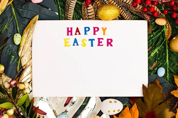 Buona Pasqua Sfondo Pasquale Congratulatorio Uova Pasqua Fiori Piatto Concetto — Foto Stock