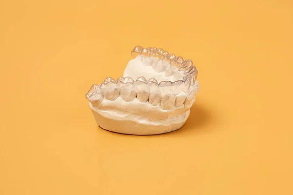 Close Individual Tooth Tray Orthodontic Dental Theme Hand Invisible Braces — Stock Photo, Image