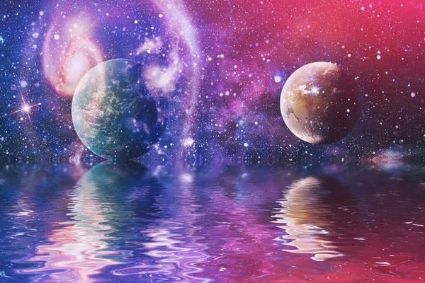 Beautiful Unusual Space Planet Space Reflected Water Galaxy Stars Night — Stock Photo, Image