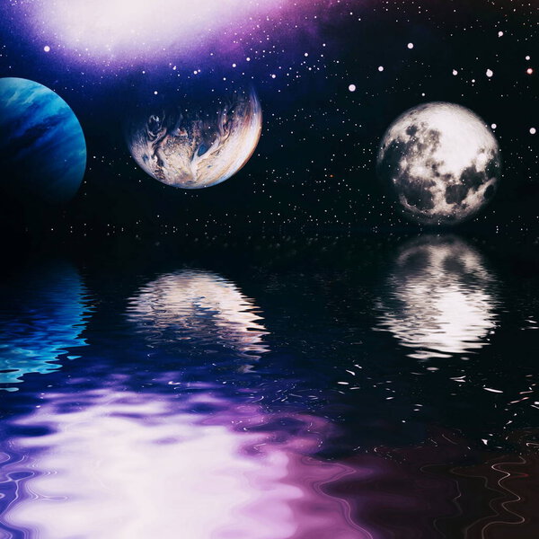 Beautiful unusual space planet in space reflected in water, galaxy stars night sky ,Elements of this Image Furnished by NASA ,