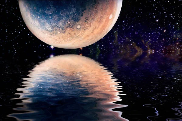 Frumoasă Planetă Spațială Neobișnuită Spațiu Reflectată Apă Cerul Noapte Stelelor — Fotografie, imagine de stoc