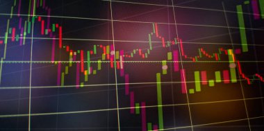 Teknik fiyat grafiği ve göstergesi, mavi ekranda kırmızı ve yeşil şamdan grafiği, piyasa dalgalanması, yükseliş ve düşüş eğilimi. Hisse senedi ticareti, kripto para birimi geçmişi.