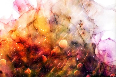 Gökyüzü rengi, Beyaz ve Altın Çizgiler. Donuk Arka plan Noktaları. Akrilik boyaları karıştırıyorum. Modern sanat. Mermer dokusu. Alkol mürekkep renkleri yarı saydam