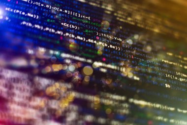 Bilgisayar metni. Web geliştirme şirketi web arayüzü simgesi yazılım tasarımı konsepti için. PHP kod soyut teknoloji arkaplanı.