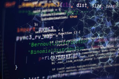 Bilgisayar metni. Web geliştirme şirketi web arayüzü simgesi yazılım tasarımı konsepti için. PHP kod soyut teknoloji arkaplanı.