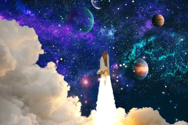 Roketler yıldızlı gökyüzünde uzaya fırlatılıyor. Roket uzay kavramına başlıyor. NASA tarafından desteklenen bu görüntünün elementleri