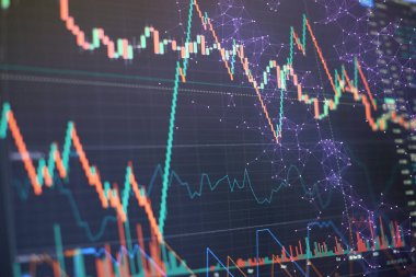 Grafikler, diyagramlar, finansal rakamlar. Eski çizelge. Borsa ve fintech kavramı. Fütürist finansal arayüz .