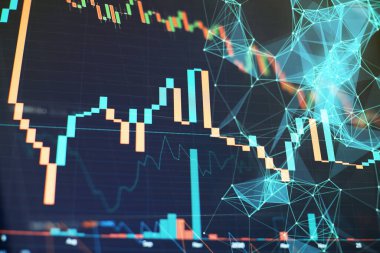Grafikler, diyagramlar, finansal rakamlar. Eski çizelge. Borsa ve fintech kavramı. Fütürist finansal arayüz .