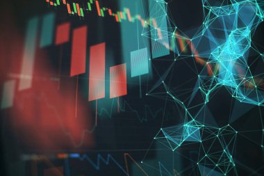 Grafikler, diyagramlar, finansal rakamlar. Eski çizelge. Borsa ve fintech kavramı. Fütürist finansal arayüz .