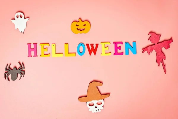 Holiday Helloween Pink Background White Leaf Pumpkin Ghost Scarecrow Skull — Stock Photo, Image
