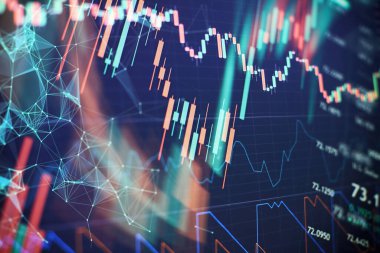 Pazar Analizi 'ni de içeren bir monitörün iş grafiği arka planı. Grafikler, diyagramlar, finansal rakamlar. Forex çizelgesi.