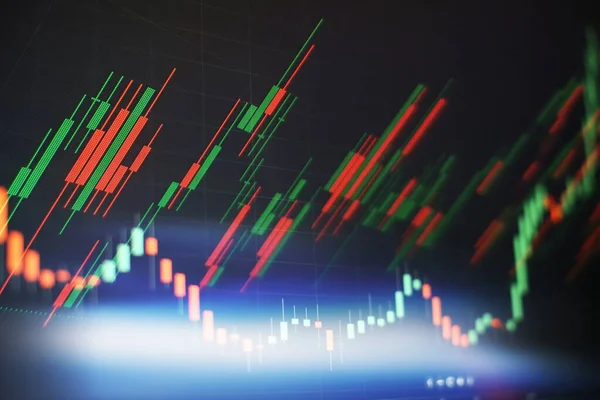 新しい近代的なコンピュータと概念としてのビジネス戦略 株式価格の変動レポートの市場分析に使用される燭台付きの財務図 — ストック写真