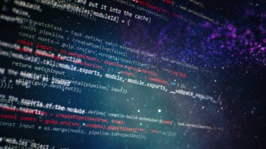 Masaüstü bilgisayar monitörü fotoğrafı. Javascript fonksiyonlar, değişkenler, nesneler. Proje yöneticileri yeni bir fikir üzerinde çalışıyorlar. Gelecekteki teknoloji yaratma süreci.