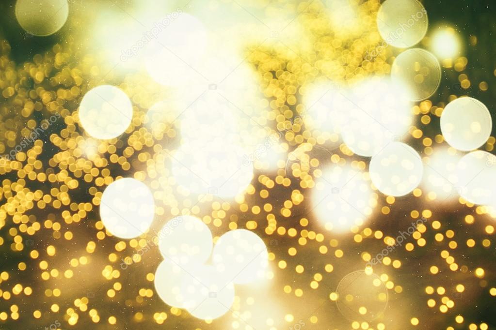 Festive Background With Natural Bokeh And Bright Golden Lights. Vintage Magic Background With Color