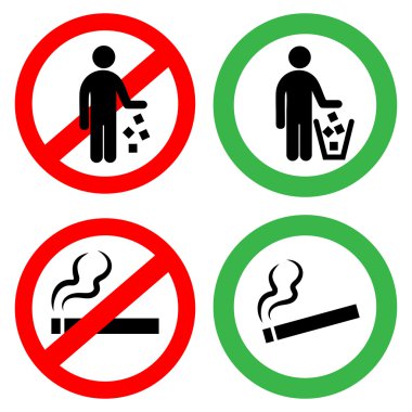 Prohibitory signs. Do not litter, do not smoke. clipart