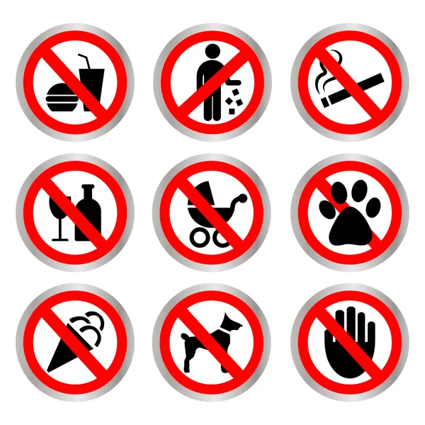 Prohibitory signs. Do not smoke, do not litter, do not drink, do not eat, can not be with a stroller, a dog can, not be left alone. — Stock Vector