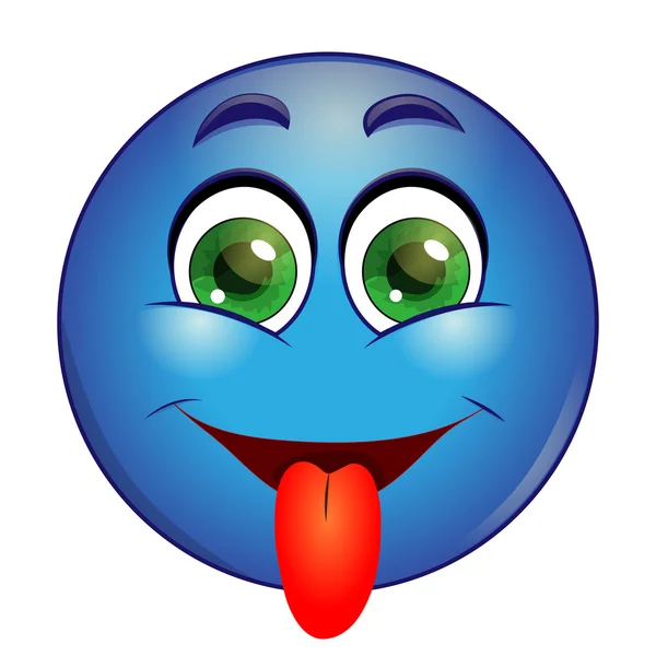 Emoticono azul mostrando la lengua — Vector de stock