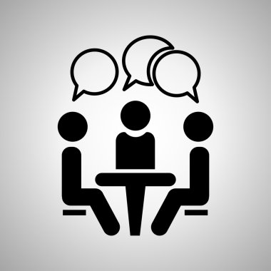 Simge Konferansı. İnsanlar masanın etrafında oturup konuşuyorlar. Vektör illüstrasyonu