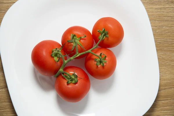 Tomates rojos frescos en plato blanco sobre mesa de madera — Foto de Stock