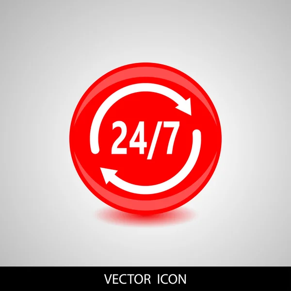 Aberto 24 horas por dia e 7 dias por semana ícone ou símbolo isolado no fundo vermelho. Ilustração vetorial — Vetor de Stock