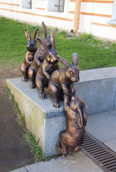 Sculpture of hares helping their friend at the territory of Peter and Paul fortress. SAINT-PETERSBURG, RUSSIA