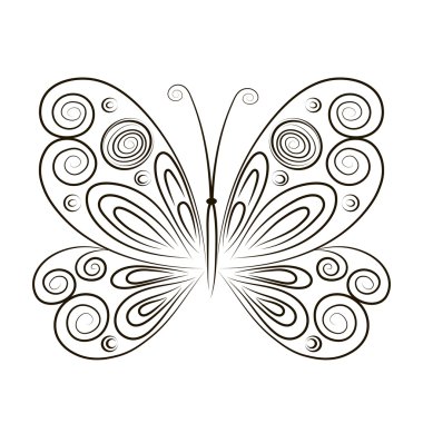 Elle çizilmiş vektör illüstrasyon kelebek beyaz arka plan üzerinde izole. Kroki için dövme. Siyah kontur boyama. Dekoratif kelebek anahat illüstrasyon dekoratif süslemeli el çekilmiş