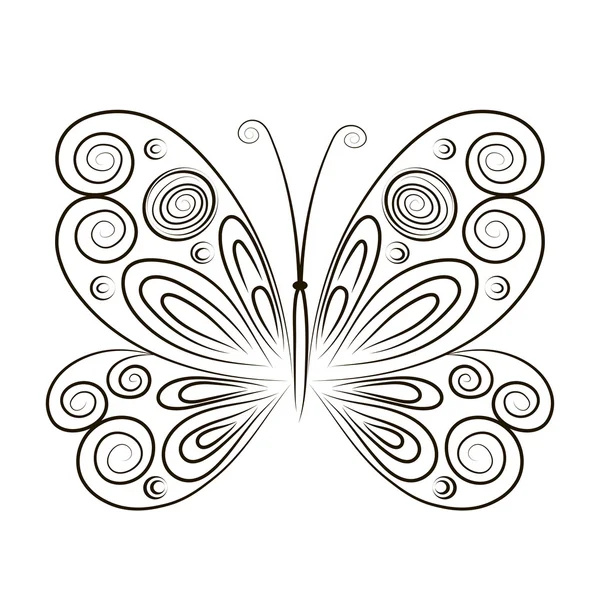 手描きの背景イラスト蝶は白い背景に分離します。タトゥーをスケッチします。着色のための黒い輪郭。手描きの装飾の装飾と装飾蝶概要図 — ストックベクタ