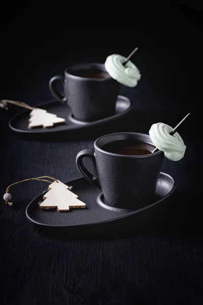 Cup Hot Coffee Tea Christmas Tree Black Table Copy Space — Fotografia de Stock