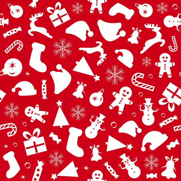 Patrón Sin Costuras Navidad Iconos Sobre Fondo Rojo Estilo Plano — Archivo Imágenes Vectoriales