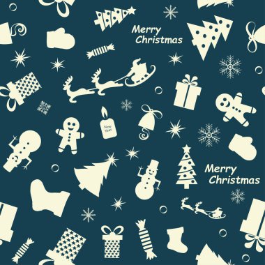 Tatil yazıtları ve mavi arka planda elementleri olan kusursuz bir Noel deseni. Vektör.