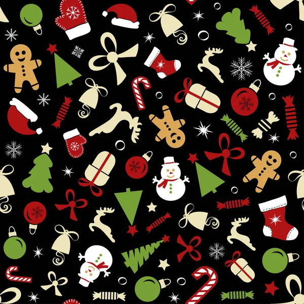 Christmas Seamless Pattern Icons Black Background Flat Style Vector Illustration — Archivo Imágenes Vectoriales