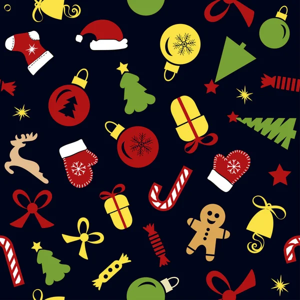 Patrón Sin Costuras Navidad Iconos Sobre Fondo Negro Estilo Plano — Archivo Imágenes Vectoriales