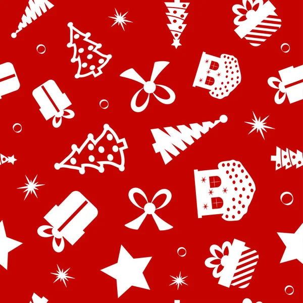 Fond Noël Avec Sapins Flocons Neige Sur Fond Rouge Illustration — Image vectorielle