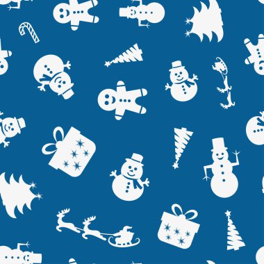 Mavi arkaplandaki simgelerin pürüzsüz bir Noel deseni. Vektör illüstrasyonu