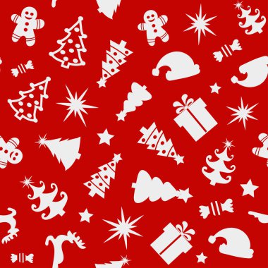 Christmas seamless pattern of icons on red background in flat style. Vector illustration.	