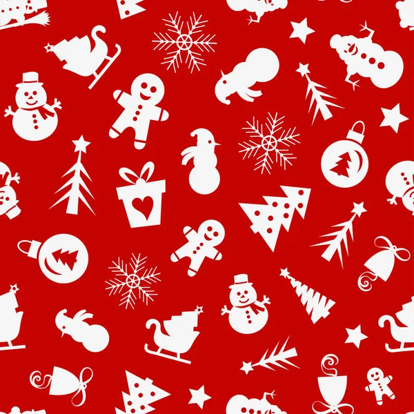 Patrón Sin Costuras Navidad Iconos Sobre Fondo Rojo Estilo Plano — Archivo Imágenes Vectoriales